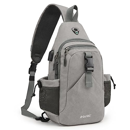 G4Free Canvas Sling Bag Crossbody Backpack with USB Charging Port & RFID Blocking, Hiking Daypack Chest Bag for Women Men(Grey)