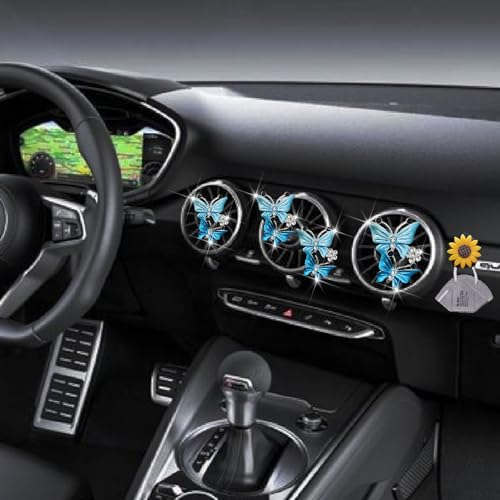 Image of 4 Pcs Butterfly Air Vent Clips, Car Vent Clips Dual Butterfly Air Vent Freshener Clip Decoration, Car Interior Decor Bling Cute Accessories Car Decoration for Women + Sunflower Mask Hook (Blue, 4)