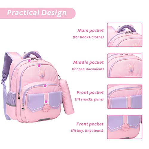 Tanou Kids Backpacks For Girls, 15'' Elementary School Backpack, Breathable Bookbags With Pecnil Case For Girl 4+ Years, Pink Purple #TOP4