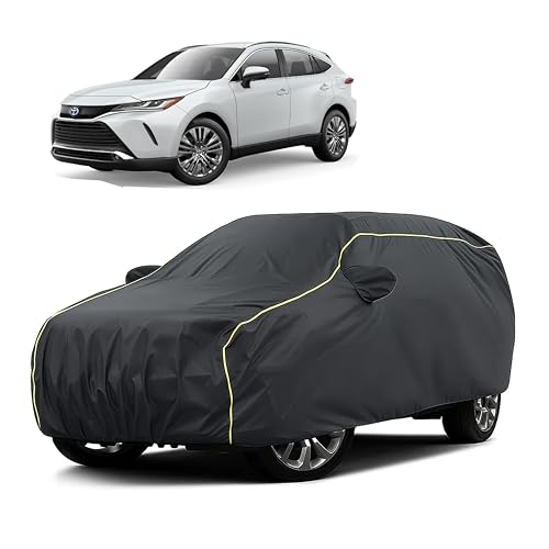 Image of Sulfar 100% Water Resistant Car Body Cover Compatible with Mirror for Toyota Venza (Triple Stitched, Full Bottom Elastic, Dark Grey Taffeta with Yellow Piping)