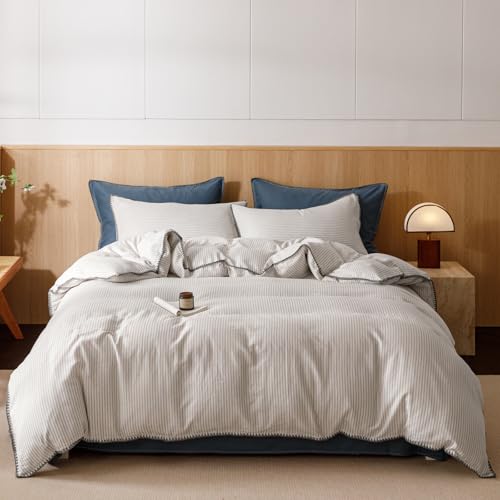 Image of VM VOUGEMARKET Beige Grey Duvet Cover Set with Blue Stripes 3pcs Yarn Dyed Muslin Cotton Vertical Striped Ticking Pattern Bedding Set Without Comforter - Queen Size