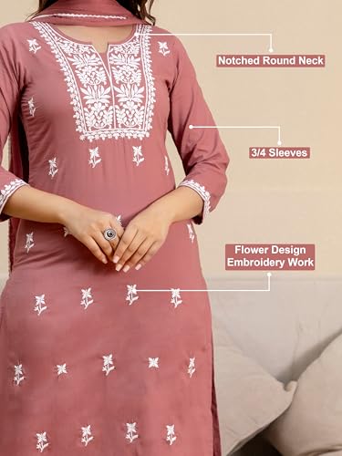 Image of TRENDMALLS Women's Cambric Cotton Embroidery Work Kurta Pant with Dupatta Set