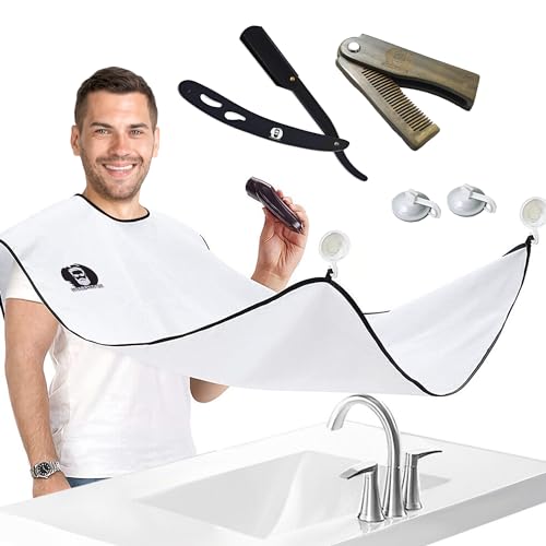SharpStyle Beard Hair Bib 25.5x27, Beard Grooming Set with Comb & Shaver, Bear Apron, 1 Count