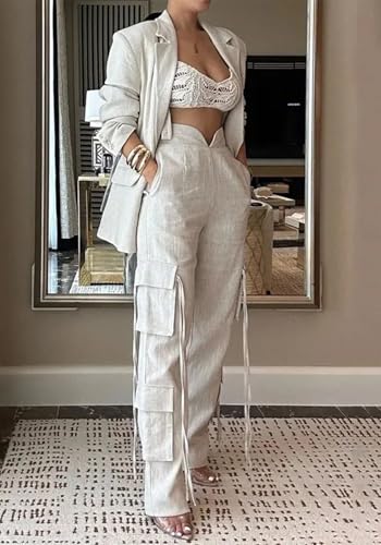 Women Fall Blazer Set 2 Piece Business Outfit Long Sleeve Blazer Jacket and Straight Wide Leg Pant Suit Sets2