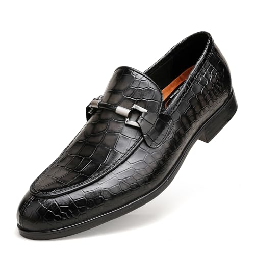 Image of Mens Leather Penny Loafers, Classic Crocodile Printed Business Dress Shoes with Metal Buckle Slip on Penny Shoes for Mens