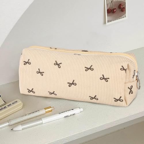 Image of Cute Bow Pencil Pouch, Corduroy Pen Case, Small Makeup Bag for Women Office