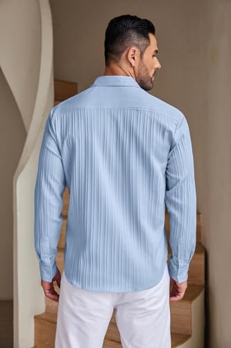 Image of DEELMO Men's Button Down Dress Shirts Textured Long Sleeve Casual Hawaiian Beach Shirt