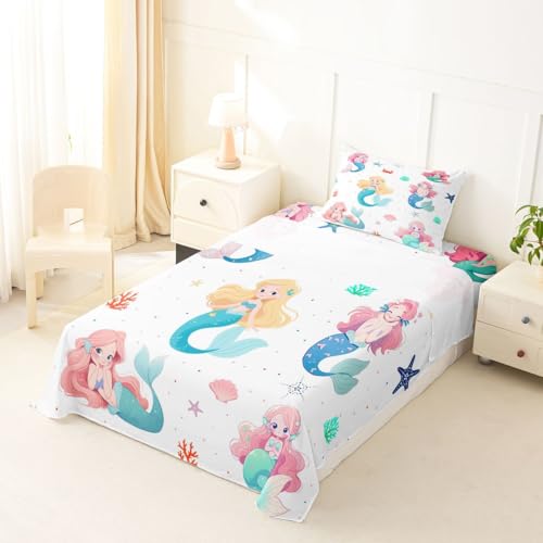 Image of jejeloiu Mermaid Bed Sheets Set Twin Size Mermaid Tail Deep Pocket Fitted Sheet Sea Animal Bedding Sets Ocean Theme Soft Bed Set 3Pcs with 1 Pillow Cases