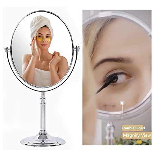 Image of KEYSTREAM Double-Sided Makeup Mirror with 5X & 1X Magnification | Tabletop Vanity Mirror with Stand | Rotating Handheld Beauty Mirror for Men & Women - Silver Finish