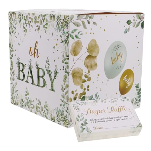 GAROZATION Greenery Diaper Raffle Ticket with Holder Box for Shower Cards Included Interactive Game for Celebrations and Events Elegant Party Decorations with Leaf Design