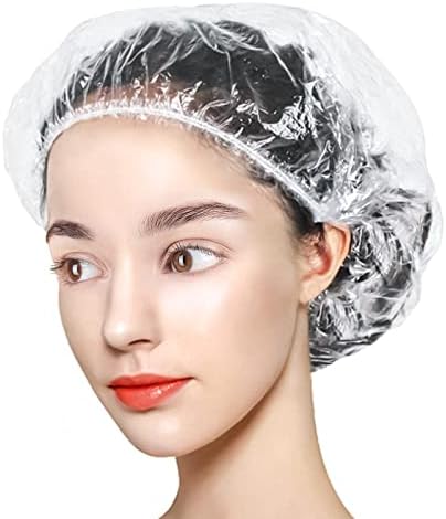 100PCS Disposable Shower Caps,Elastic Band Bath Hair Hat,Plastic Clear Thickening Bath Hair Cap for Hair Treatment,Spa,Home Use,Portable Travel(19")