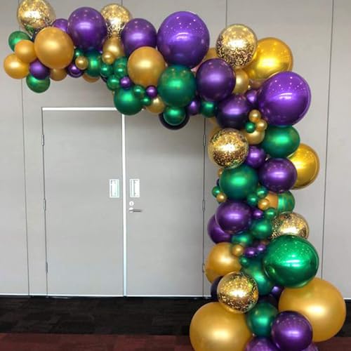 Image of PartyWoo Purple Gold and Green Balloon Arch Kit Garland 140pcs Different Sizes of 18 12 5 Inch Pearl Purple Gold Green Confetti Balloons for Mardi Gras Carnival Masquerade Birthday Party Decorations