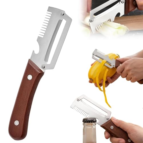 3-in-1 Vegetable Peeler with Wooden Handle - Stainless Steel Swivel Peeler, Julienne Shredder &...