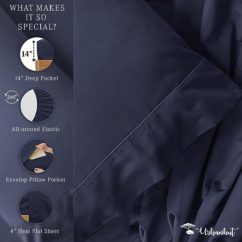 URBANHUT 800 Thread Count Twin Size Egyptian Cotton Sheets Set, 4 Pc Bed Sheet Sets for Twin Size Bedding, Luxury Hotel Sheets Sateen Finish Fits 16" Deep Pocket - Navy Blue