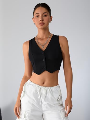 Milumia Women's Button Up Suit Vest Shirt Waistcoat Sleeveless Cropped Blazer Vest Tops3