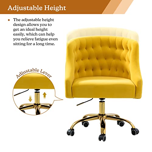 Velvet Home Office Chair With Gold Base, Comfortable Modern Cute Desk Chair, Adjustable Swivel Task Chair For Living Room Bedroom Vanity Study, Yellow #TOP2