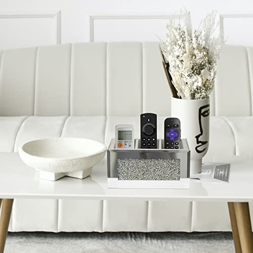 Hmrcyte Silver Mirror Makeup Brush Holder Organizer, 3 Slot Crystal Glass Cosmetic Brush Storage Holder, Bling Crushed Diamond Pen Pencil Holder For Vanity, Luxury Eyeliner Display Case For Home Decor #TOP3