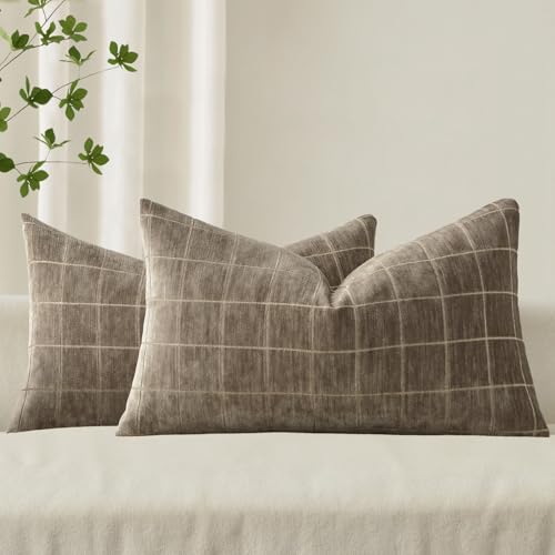 Image of MIULEE Taupe Grey Plaid Decorative Fall Throw Pillow Covers 12x20 Set of 2 | Vintage Check Chenille Couch Pillows Boho Farmhouse Cushion Covers Modern Fall Home Decor for Sofa Bed Living Room