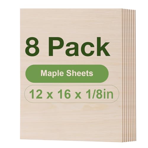 Wowood 8 Pack Maple Plywood Sheets, 12 x 16x 1/8 Inch, 3mm Plywood for Laser Cutting, Thin Unfinished Wood Sheets for Architectural Models, Wood Burning and DIY Wood Crafts