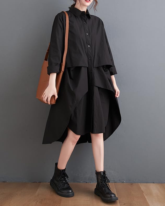 ellazhu Women's T-Shirt Dress Casual Lapel Long Sleeve Oversize Irregular Hem Button Down Solid GZ622 - Image 4