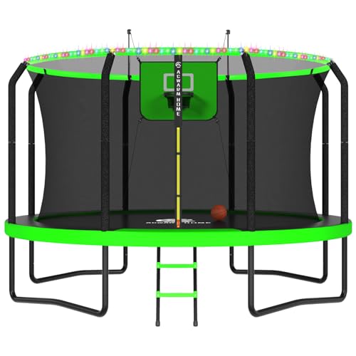 Image of ACWARM HOME Trampoline Outdoor 8FT 10FT 12FT 14FT 15FT 16FT Trampoline with Basketball Hoop and LED Lights, Recreational Trampolines for Kids and Adults with Enclosure Net & Ladder, ASTM Approved