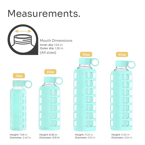 purifyou 40oz / 32oz / 22oz / 12oz Borosilicate Glass Water Bottle with Time & Volume Markers, Silicone Sleeve, Stainless Steel Lid | Reusable Glass Bottle for Water & Juice (12oz Glow-in-the-Dark)
