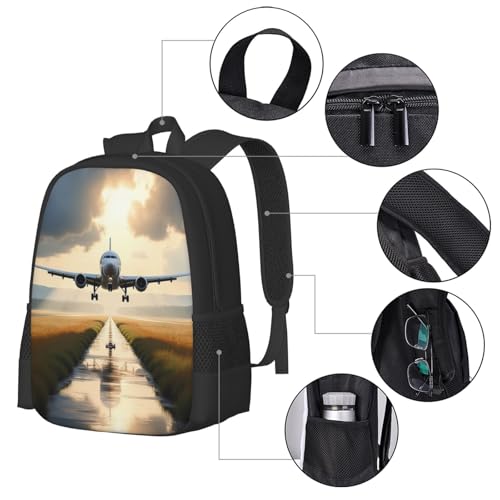 Airplane On Runway Cloudy Sky Water Reflection Backpack Build Casual Daily Outdoor Adventures Camping & Hiking Trips 17 In4