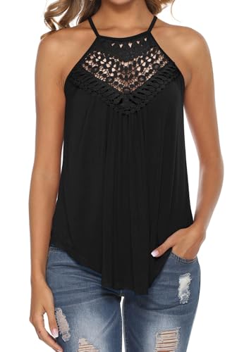 Black Tank Top Woman Halter Lace Crochet...