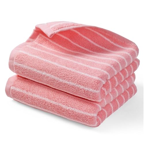 Hand Towels Luxury 2 Pack - Pink & White Striped Bathroom Towels for Girls Women Mom Daughters Gifts, Softer and More Durable After Wash, Cotton, 14” x 29”