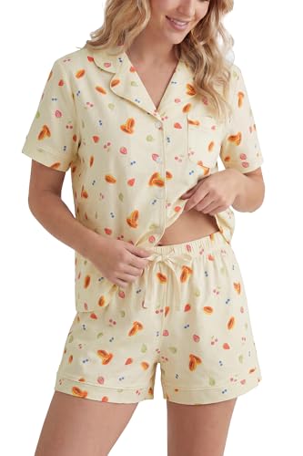 Image of LUBOT 100% Cotton Pajamas for Women 2 Piece PJ Set Button-Down Soft Knit Short Sleeve Summer Sleepwear Loungewear XS-XXL