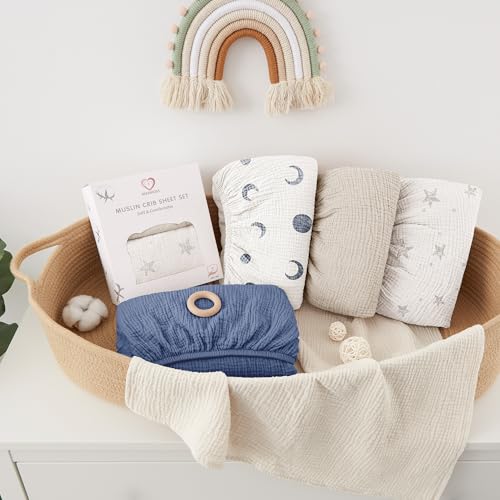 Image of Bearmoss Muslin Crib Sheets - 100% Cotton Baby Crib Sheets Fitted for Standard Crib Mattress & Toddler Bed Mattress 52 inchx28 inch Soft Breathable Crib Sheet Neutral for Boys Girls - 2 Pack (White Star)