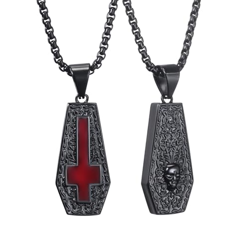 Vampire Coffin Inverted Cross Necklace, Gothic Skull Necklace for Men Women Both Sided Stainless Steel Antique Halloween Cocktail Party Bloody Red Vintage Pendant