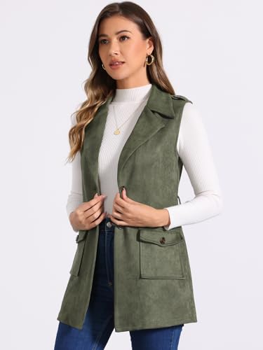 Allegra K Women's Faux Suede Vest Lapel Single Breasted Tie Belt Button Up Pockets Work Sleeveless Jacket2