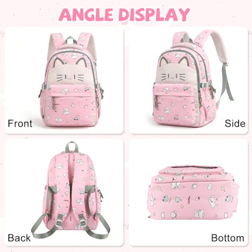 Image of PALAY School Bag for Girls Pink Nylon Backpack Cute Cat Waterproof Bookbag Kawaii Cartoon Printed Daypack Large Capacity Multi-pockets Bagpacker Bag for Primary, Elementary, Middle School