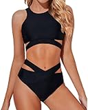 Tempt Me Women High Neck Bikini Set Cutout Swimsuit Two Piece Criss Cross Bandage Bathing Suit Black L