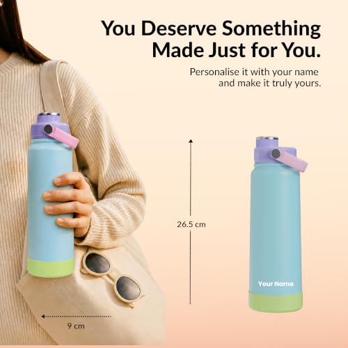 Image of Rabitat Hyde Personalized Vacuum Insulated Stainless Steel Water Bottle 1000 ml | Double Wall Vacuum Insulation | 18 /8 Food Grade Steel | Leak Proof | Wide Mouth | Ring Handle | BPA Free | Polar Blue