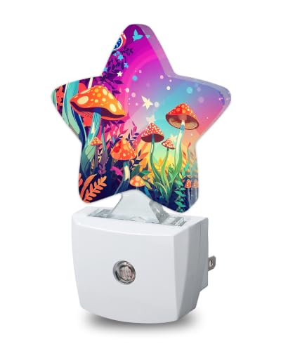 Image of Magic Mushrooms Star Night Light Plug in, Decorative Night Light for Kids Room Nursery Bedroom, Soft Glow Sensor Lamp for Hallway Bathroom, Compact Energy Saving