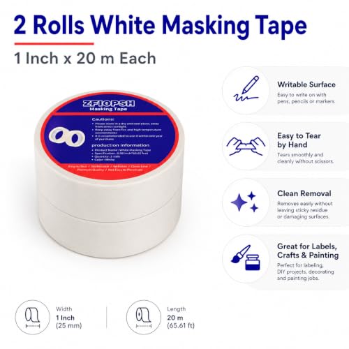 Image of White Masking Tape 1 Inch, 2 Rolls Painter Tape, Easy Tear Paper Tape for Watercolor Painting, Labeling, Crafts, DIY, Art Projects & Classroom Use, 21.87 Yards Each.