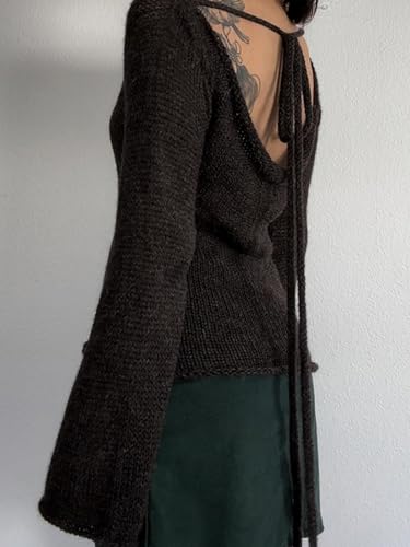 Image of CORIRESHA Women's Vintage Tie Back Bell Sleeves Boat Neck Casual Knitted Pullover Sweater