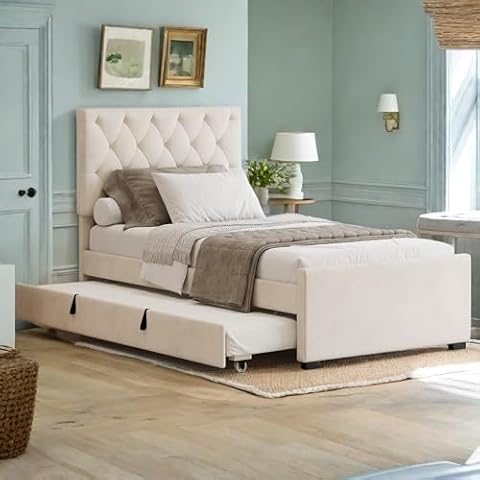 SOFTSEA Twin Size Upholstered Bed with Trundle Cover