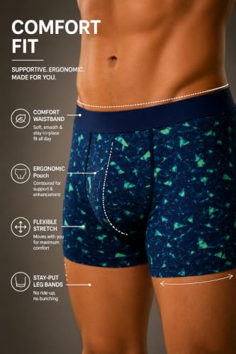 Image of BONO Men Cotton Blend Printed Trunk Combo Anti-Bacterial Moisture Wicking No Marks Stretchable Regular Fit Waistband Underwear Pack of 3 (Darkblue-Multicolor-TurquiseBlue-M)
