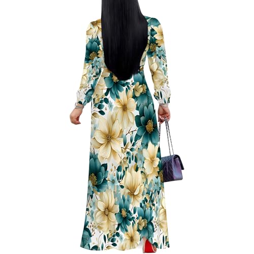 Image of Women Plus Size Long Sleeve V Neck Maxi Dress with Belt | Soft fabric relaxed fit three quarter sleeve v neck with pockets for party and daily wear