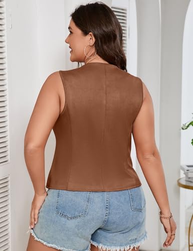 ShopWonder Womens Plus Size Button Vintage Vests Jacket V-Neck Faux Suede Cardigan Outerwear With Pockets3