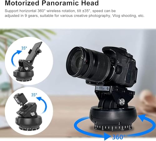 Image of Motorized Pan Tilt Head, 100m Control, 360 Degree Rotation, Tilt ±35 Degree, 9 Gears Adjustable Speed, Panoramic Tripod Head for Smartphones, Camera,Black