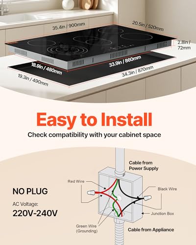 Image of VEVOR Electric Cooktop, 36 inch 5 Burners Built-in Electric Stove Top, 8600W Ceramic Top Radiant Cooktop with Glass Panel, Touch Control, Timer, Child Lock, 9 Heat Level, 220-240V, Hard Wire (No Plug)