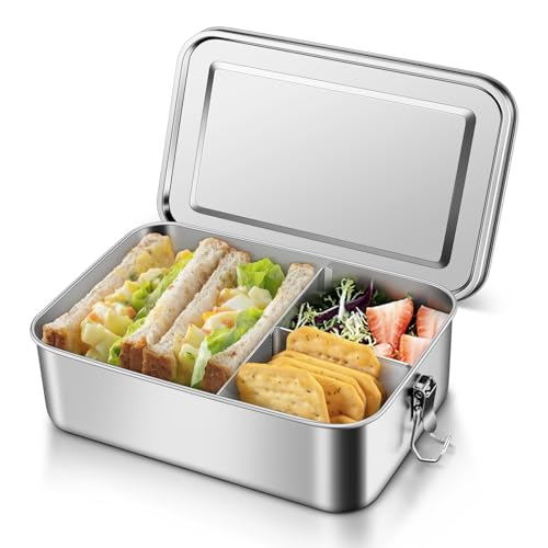 Onader Stainless Steel Lunch Box 1400ml Large Bento Lunchbox with 1pc Removable Compartment Leak-Proof Salad Food Storage Container for Kids & Adults Sturdy & Dishwasher Safe