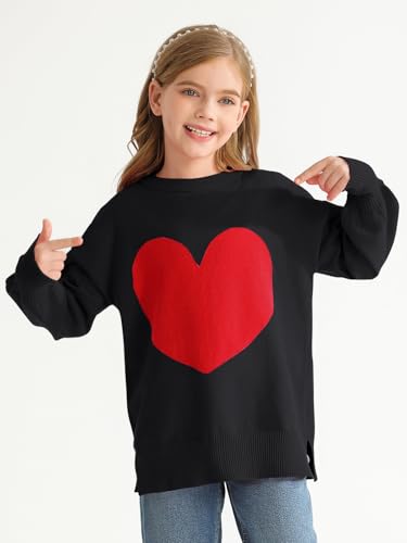 Haloumoning Girls Oversized Sweaters Kids Fashion Heart Batwing Sleeve Ribbed Knit Side Slit Pullover Tops4