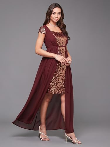 Image of Miss Chase Women's Round Neck Sleeve Embellished Fit Flare Maxi Dress