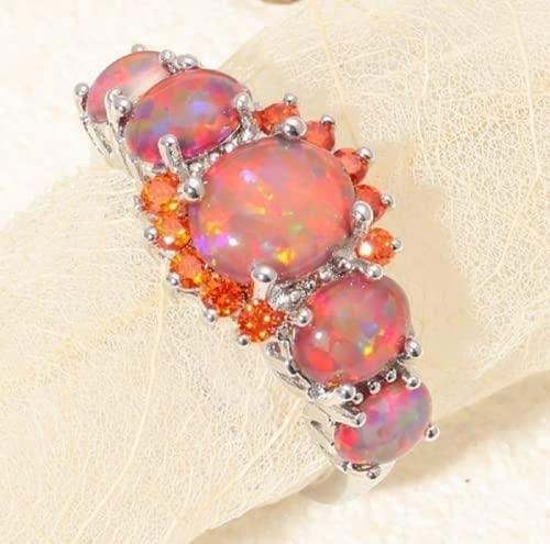 Awmnjtmgpw 925 Sterling Silver Diamond Ring Oval Cut Pomegranate Orange Natural Five Oval Rings Exquisite Women's Diamond Ring Proposal Wedding Engagement Diamond Ring Size (6-10) (Size 9)2