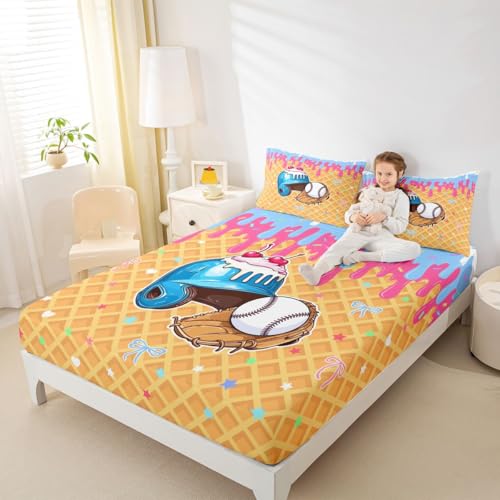 Image of Castle Fairy Girls Baseball Bed Sheets Queen Size,Kawaii Sport Bowknot Plaid Bedding Set, Ice Cream Drip Dessert Boys Girls Room Decor,Bule Yellow Sheet(Fitted+Flat+2 Pillowcases)